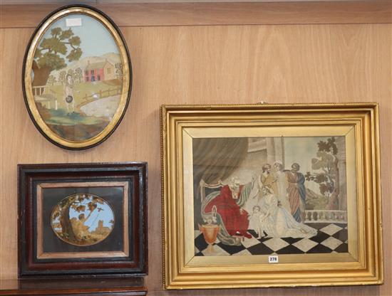 Three Georgian silkwork panels, one of a classical scene depicting a child and emperor Largest 51cm wide x 48cm high